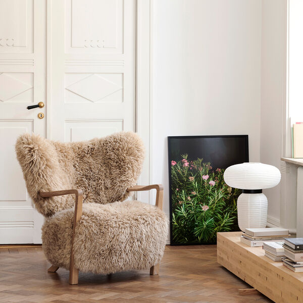 Wulff ATD2 Lounge Chair and ATD3 Pouf, Sheepskin honey/oiled oak, &Tradition