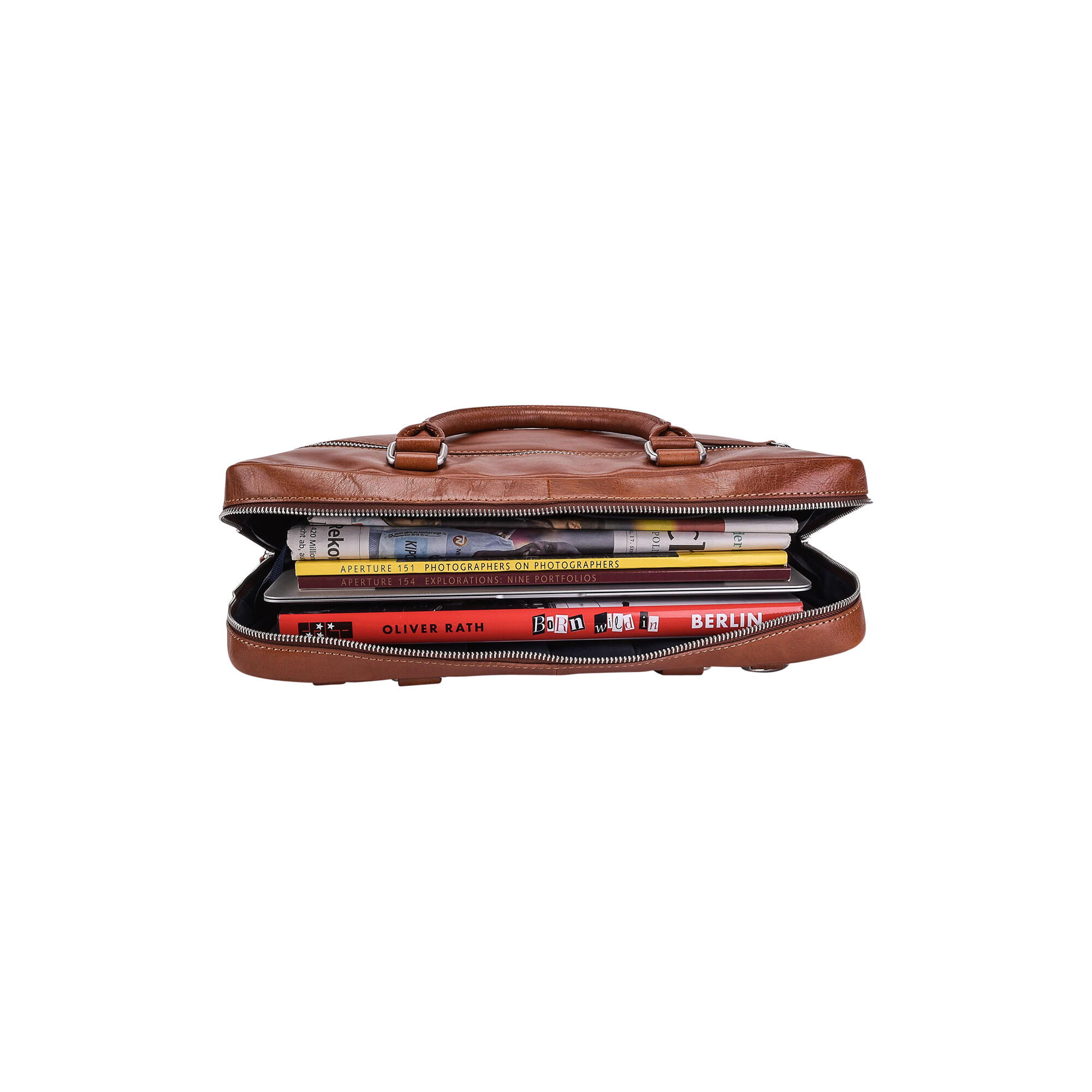Briefcase with zipper, cognac
