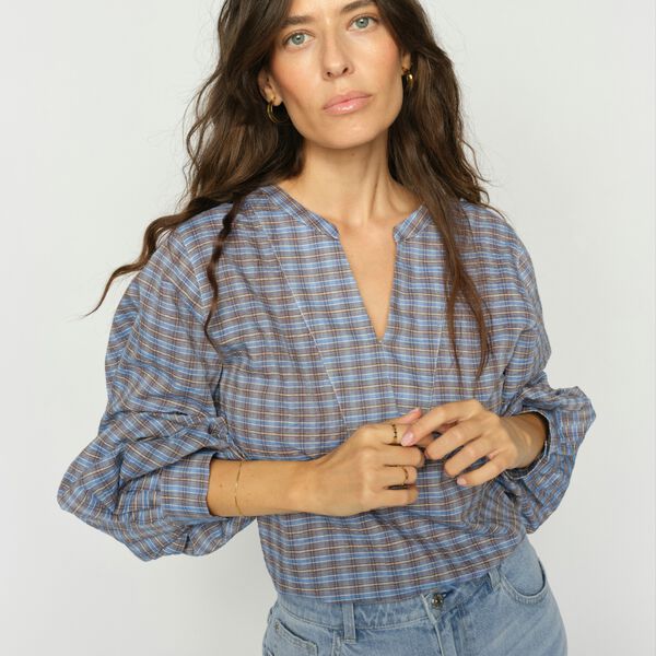 MMYen Check Blouse, ultramarine, MOS MOSH