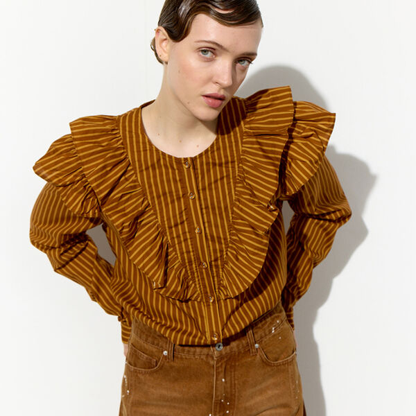 Lucinda Ruffle Shirt, caramel striped, HUNK&Oslash;N