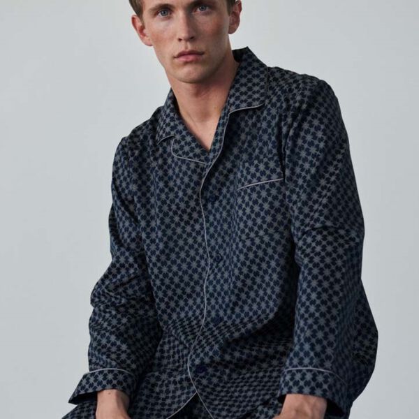 Megeve Pyjamas, navy off white print/grey piping, Ambassador 1867