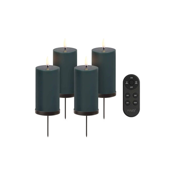 Giftbox w. spike, remote, LED pillar candle 4-pack, pine green, Uyuni Lighting