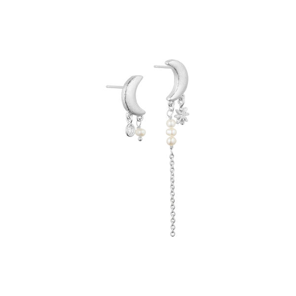 Noelle uneven moon earrings w. chain and pearls, silver plated, Pure by Nat