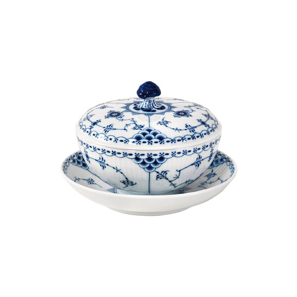 Blue Fluted Half Lace Cup with Lid and Saucer 30 cl, Royal Copenhagen