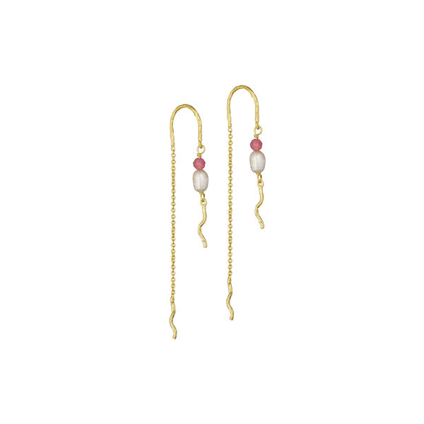 Chain Earrings with Natural Stone and Pearl, gold/pink tourmaline Chain Earrings with Natural Stone and Pearl, gold/pink tourmaline, Pure by Nat