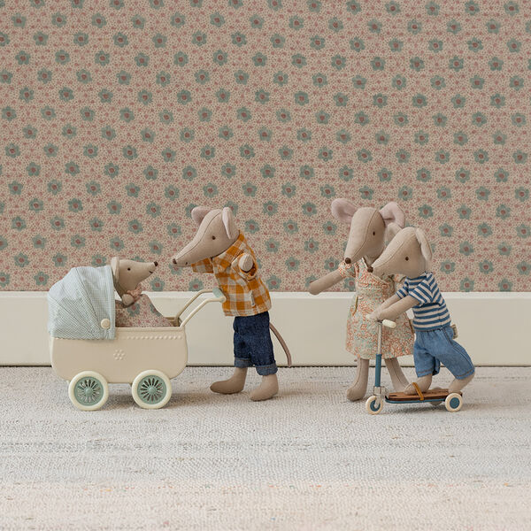 Pram with Baby Mouse, mint, Maileg