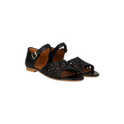 Hand-braided sandal with lace pattern detail, black, ANGULUS