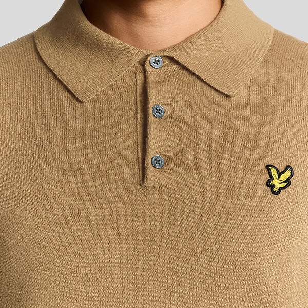 Cotton Merino Long Sleeve Knitted Polo, tigers eye, Lyle & Scott