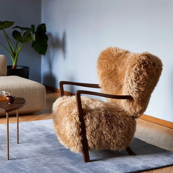 Wulff ATD2 Lounge Chair and ATD3 Pouf, Sheepskin honey/oiled walnut, &Tradition
