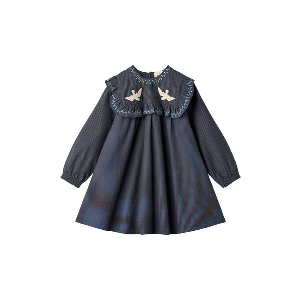 Checkered Dress w. Embroidery and Ruffle, brown/blue check comb., Copenhagen Colors Organics