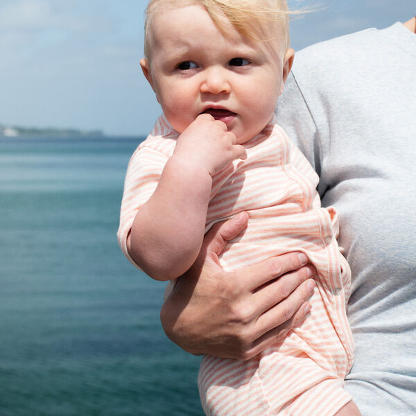 Baby Short Suit Stripe, coral/offwhite, Serendipity